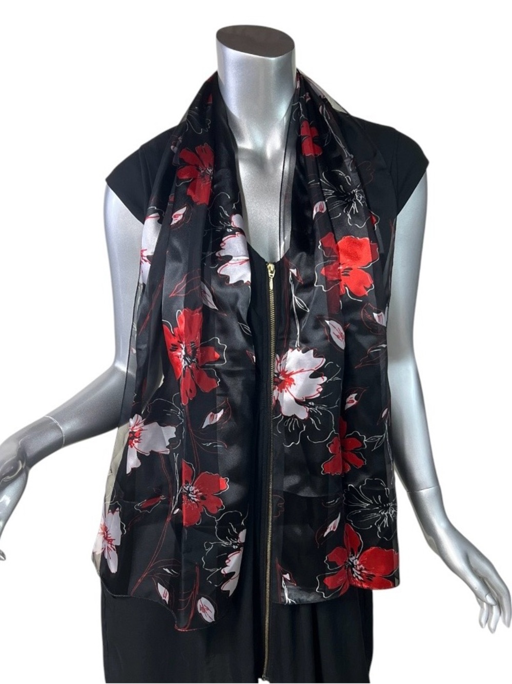 NEW Fashion Scarf Black & Red Floral Silk Feel 60” X 13”